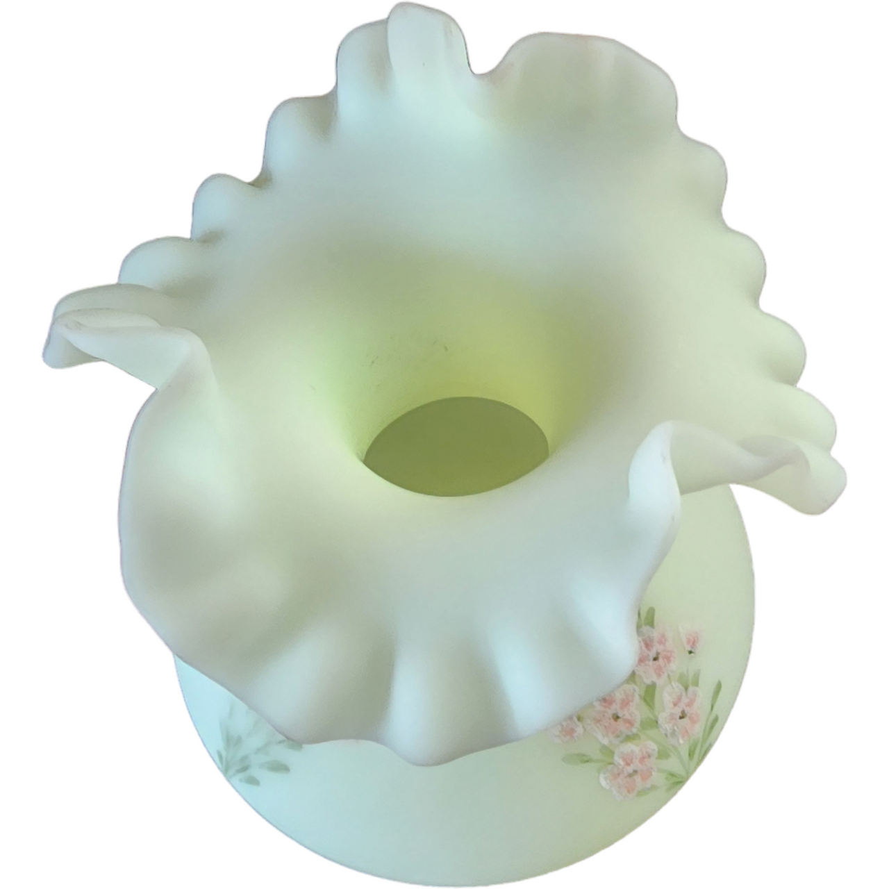 Fenton Pink Blossoms Uranium Glass UV Glows Yellow Milk Glass Flower Vase