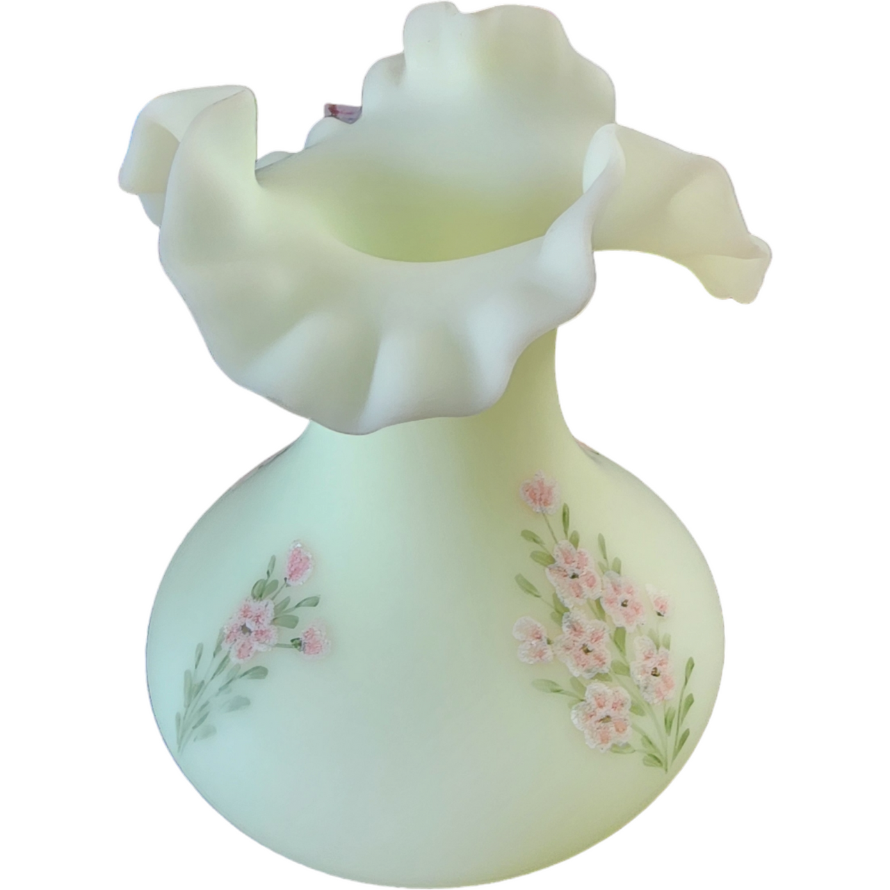 Fenton Pink Blossoms Uranium Glass UV Glows Yellow Milk Glass Flower Vase
