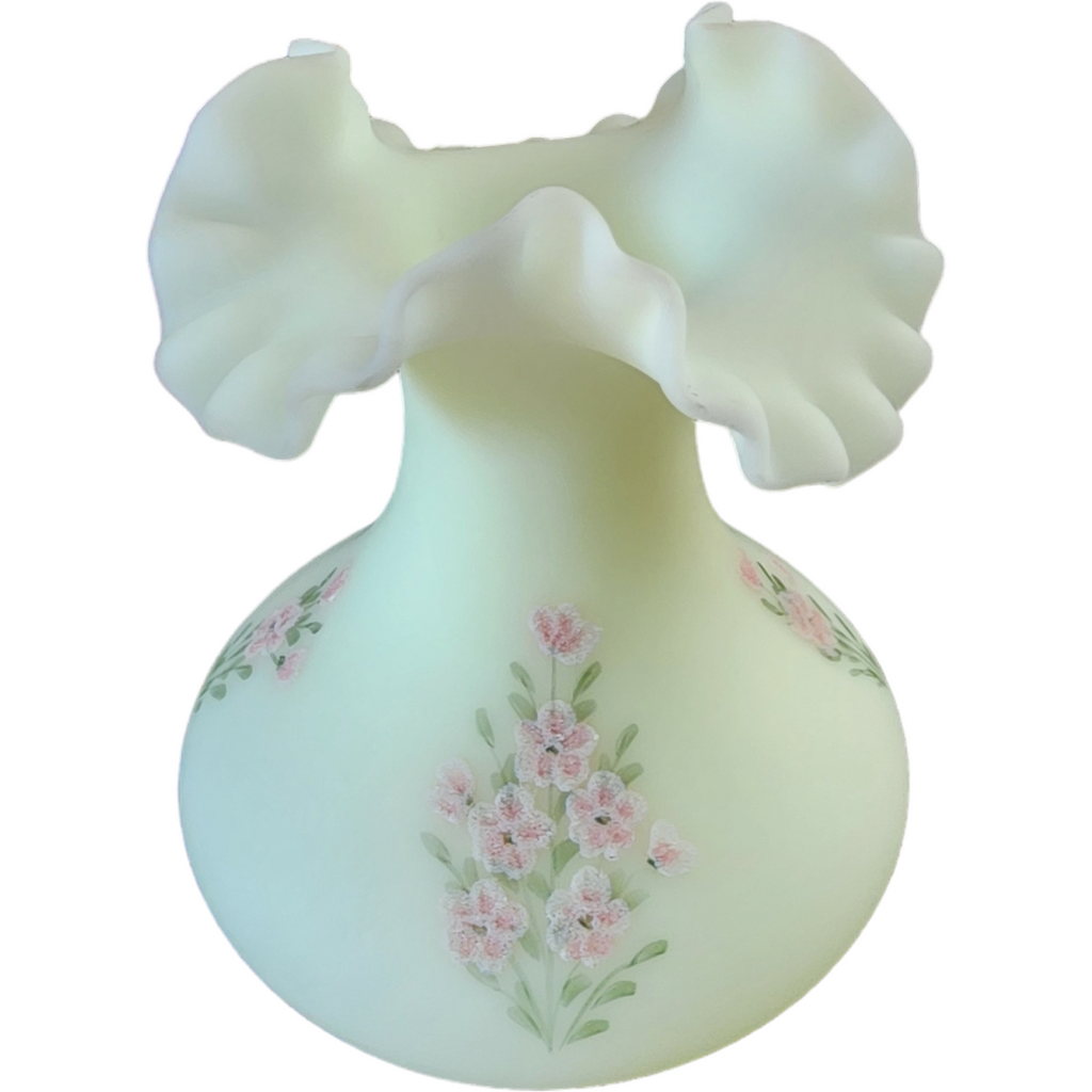 Fenton Pink Blossoms Uranium Glass UV Glows Yellow Milk Glass Flower Vase