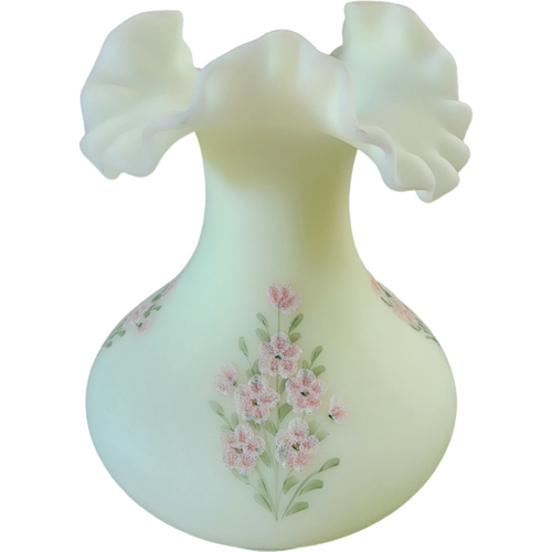 Fenton Pink Blossoms Uranium Glass UV Glows Yellow Milk Glass Flower Vase
