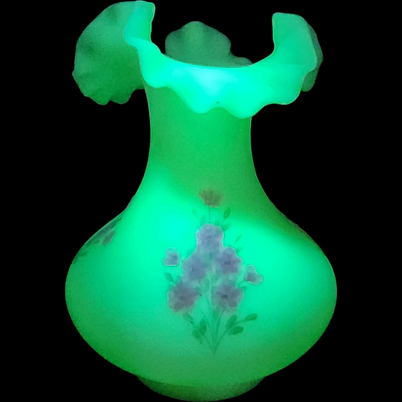 Fenton Pink Blossoms Uranium Glass UV Glows Yellow Milk Glass Flower Vase