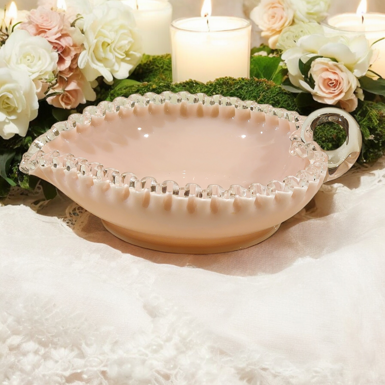 Fenton Pink Milk Glass Silver Rose Crest Heart Bonbon Dish with Handle Vintage Ruffled Edge Candy Bowl