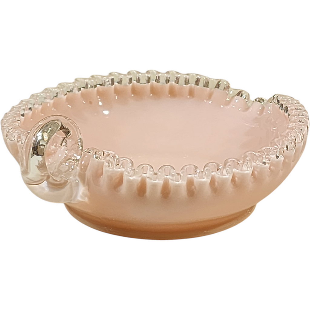 Fenton Pink Milk Glass Silver Rose Crest Heart Bonbon Dish with Handle Vintage Ruffled Edge Candy Bowl