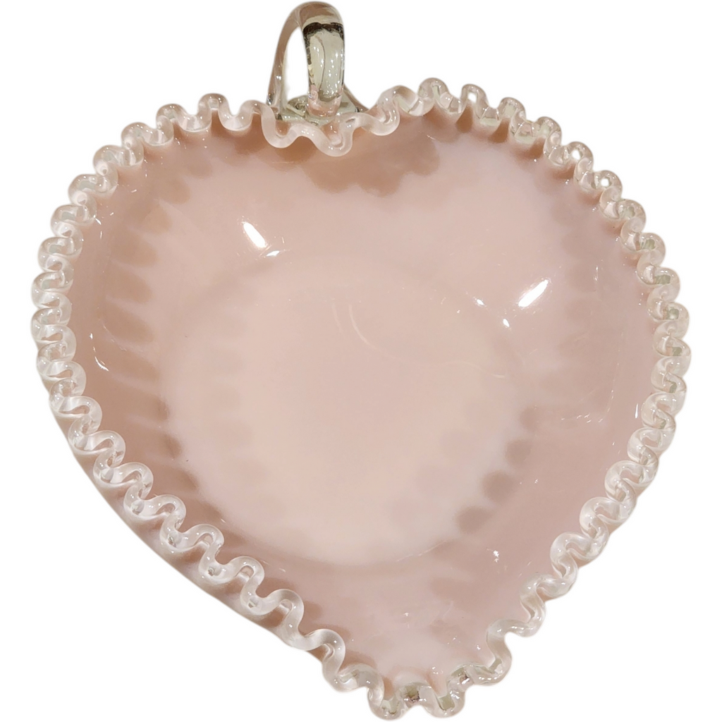 Fenton Pink Milk Glass Silver Rose Crest Heart Bonbon Dish with Handle Vintage Ruffled Edge Candy Bowl