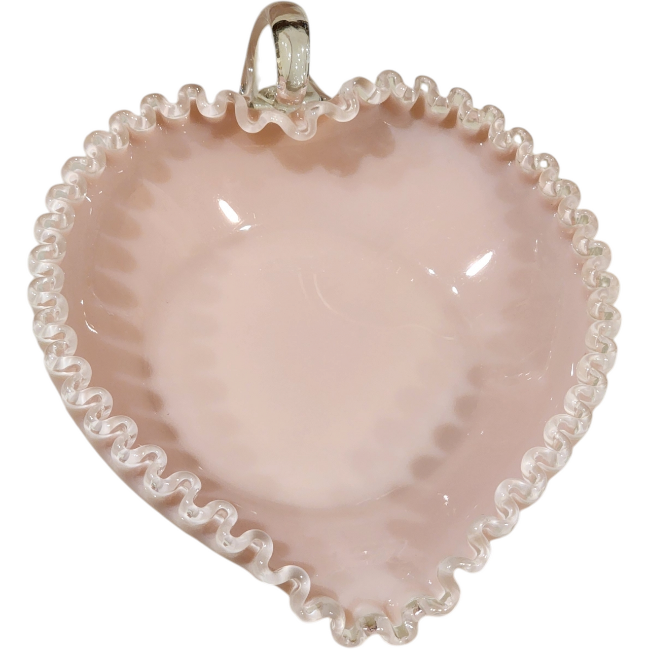 Fenton Pink Milk Glass Silver Rose Crest Heart Bonbon Dish with Handle Vintage Ruffled Edge Candy Bowl