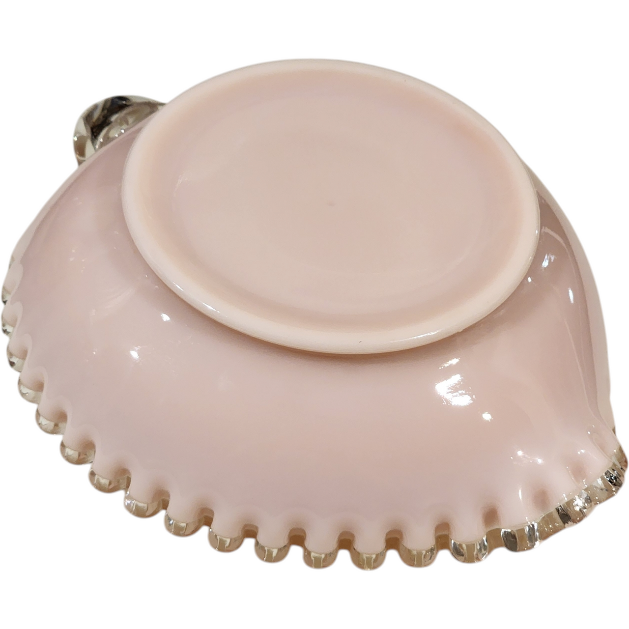 Fenton Pink Milk Glass Silver Rose Crest Heart Bonbon Dish with Handle Vintage Ruffled Edge Candy Bowl