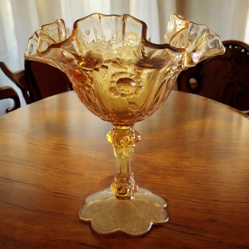Fenton Rose Amber Colonial Rose Design Footed Small Comport Vase
