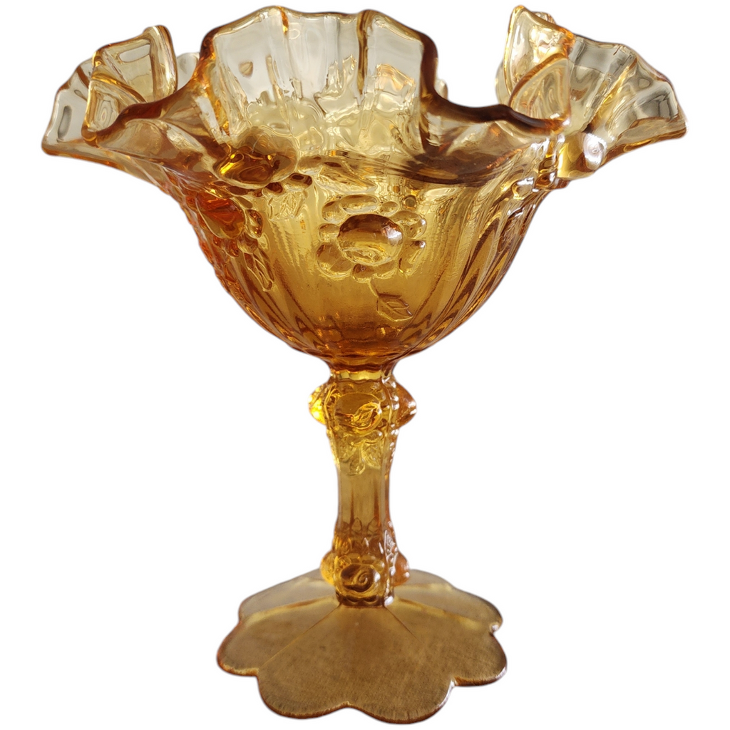 Fenton Rose Amber Colonial Rose Design Footed Small Comport Vase