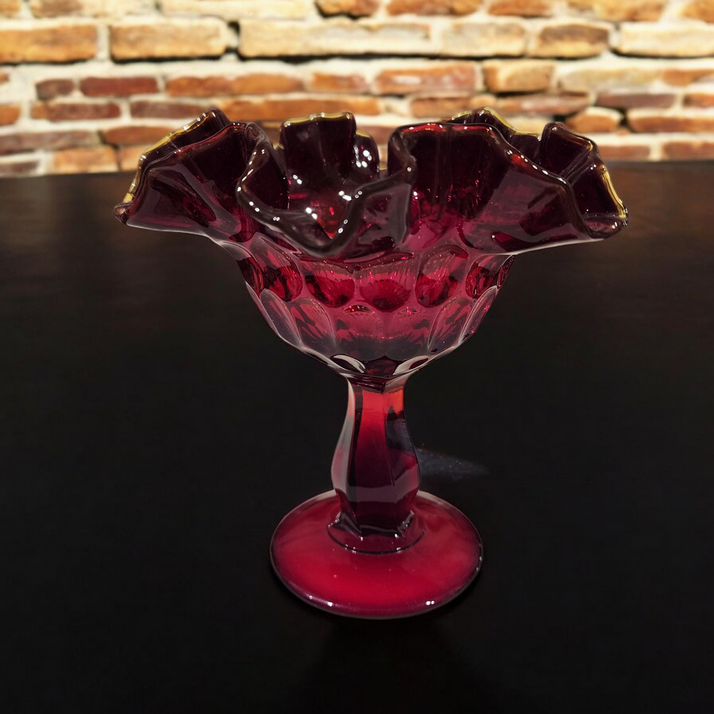 Fenton Ruby Thumbprint Compote Vintage Cranberry Red Glass Pedestal Bowl with Ruffled Rim