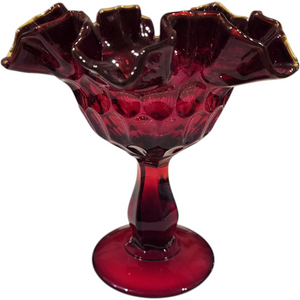 Fenton Ruby Thumbprint Compote Vintage Cranberry Red Glass Pedestal Bowl with Ruffled Rim