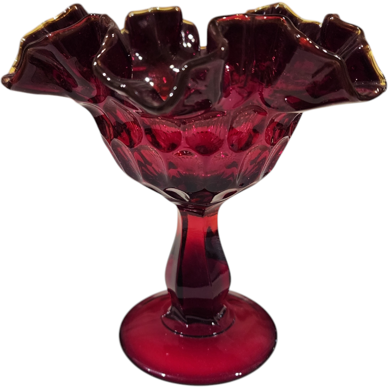 Fenton Ruby Thumbprint Compote Vintage Cranberry Red Glass Pedestal Bowl with Ruffled Rim