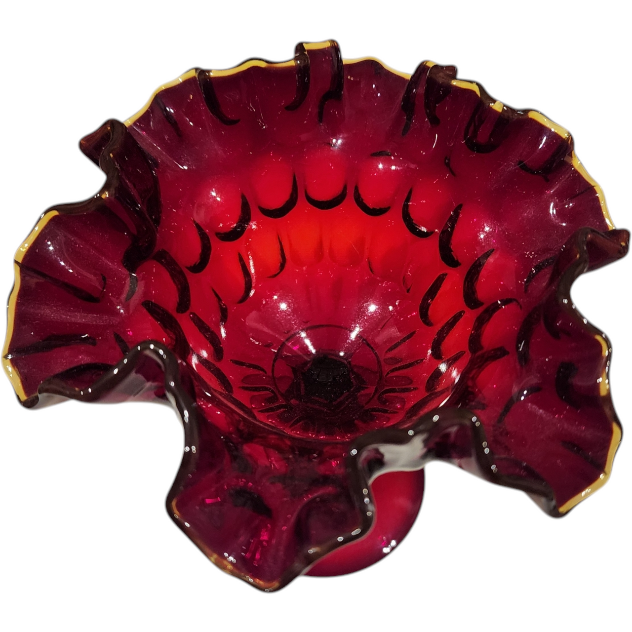 Fenton Ruby Thumbprint Compote Vintage Cranberry Red Glass Pedestal Bowl with Ruffled Rim