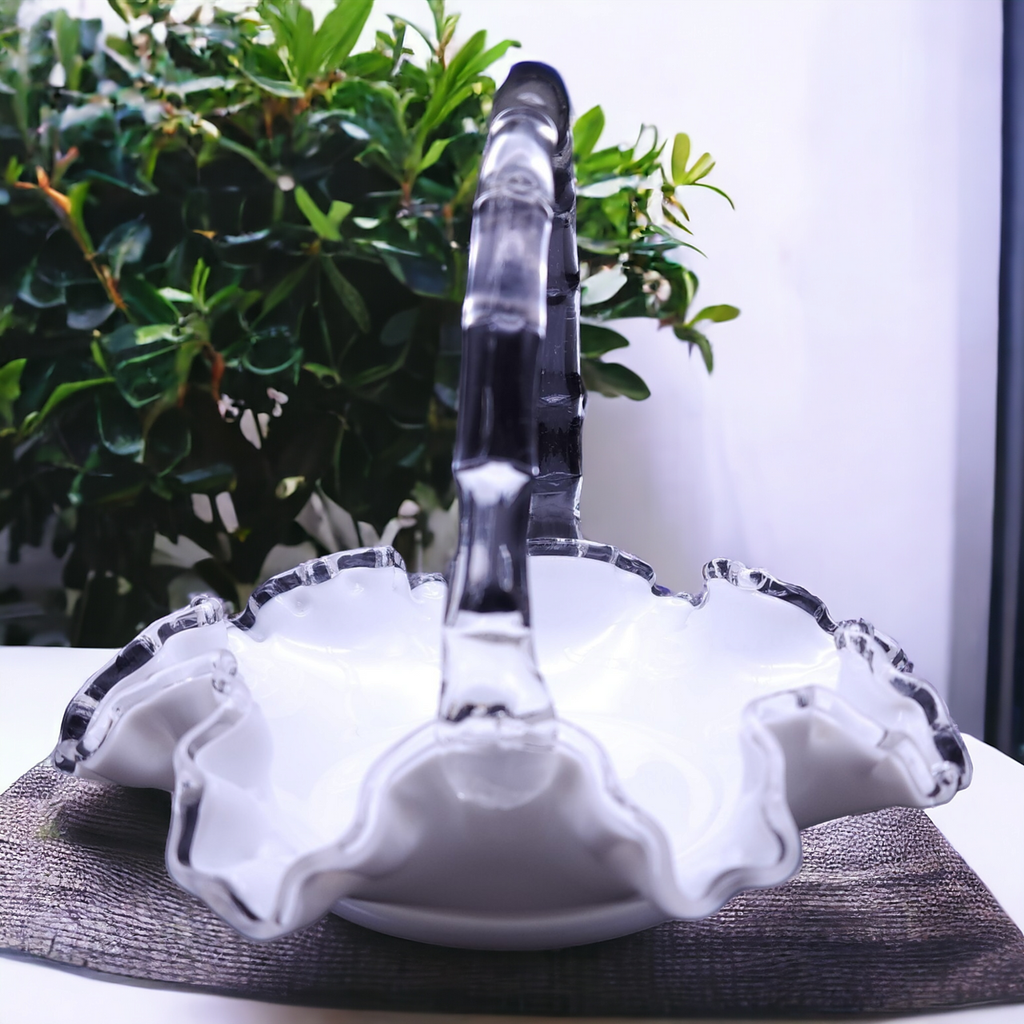 Fenton Silver Crest Clear Crimped On Milk Glass 8" Basket