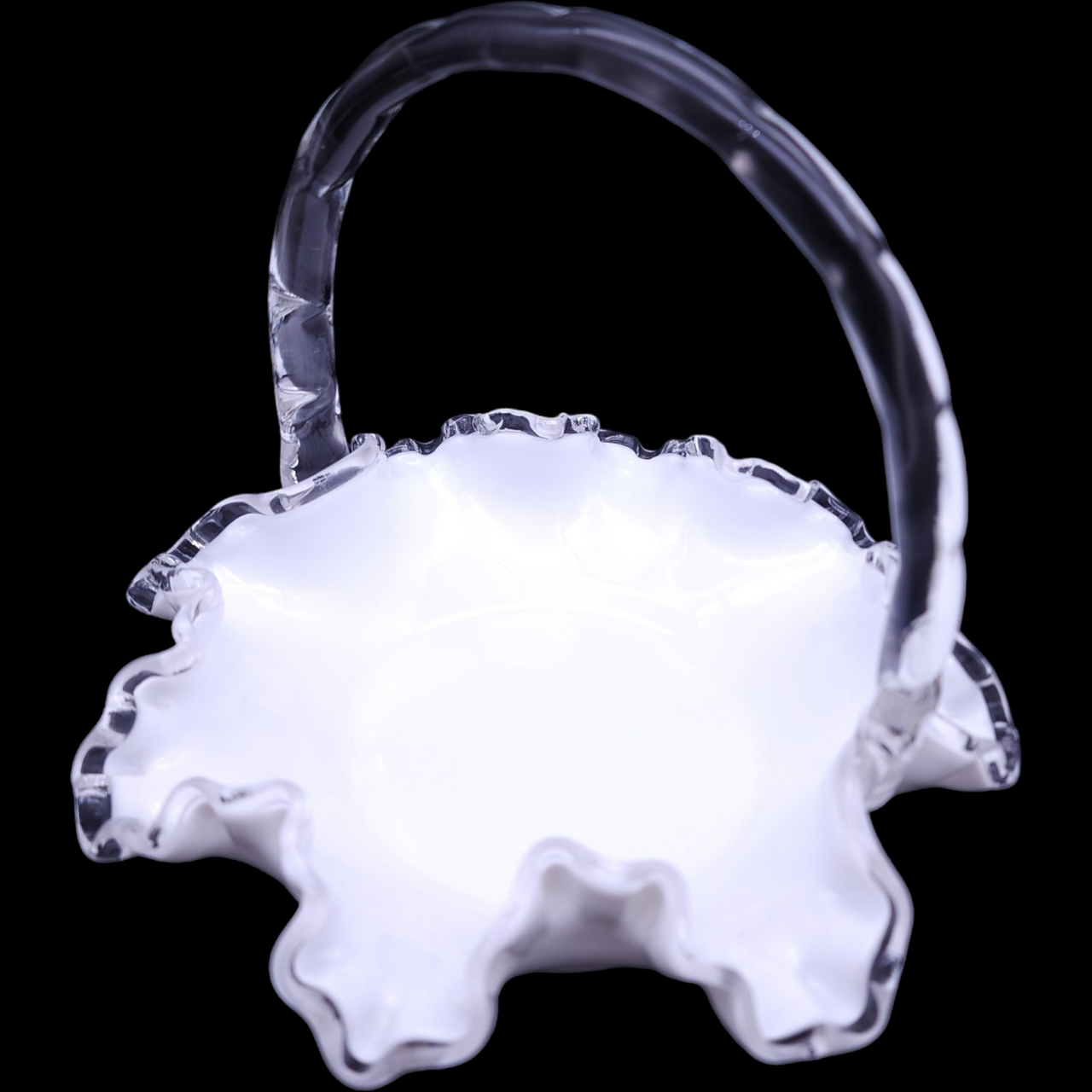 Fenton Silver Crest Clear Crimped On Milk Glass 8" Basket