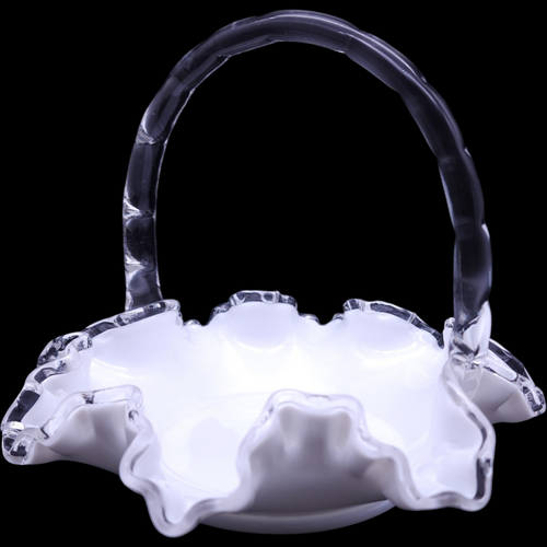 Fenton Silver Crest Clear Crimped On Milk Glass 8" Basket