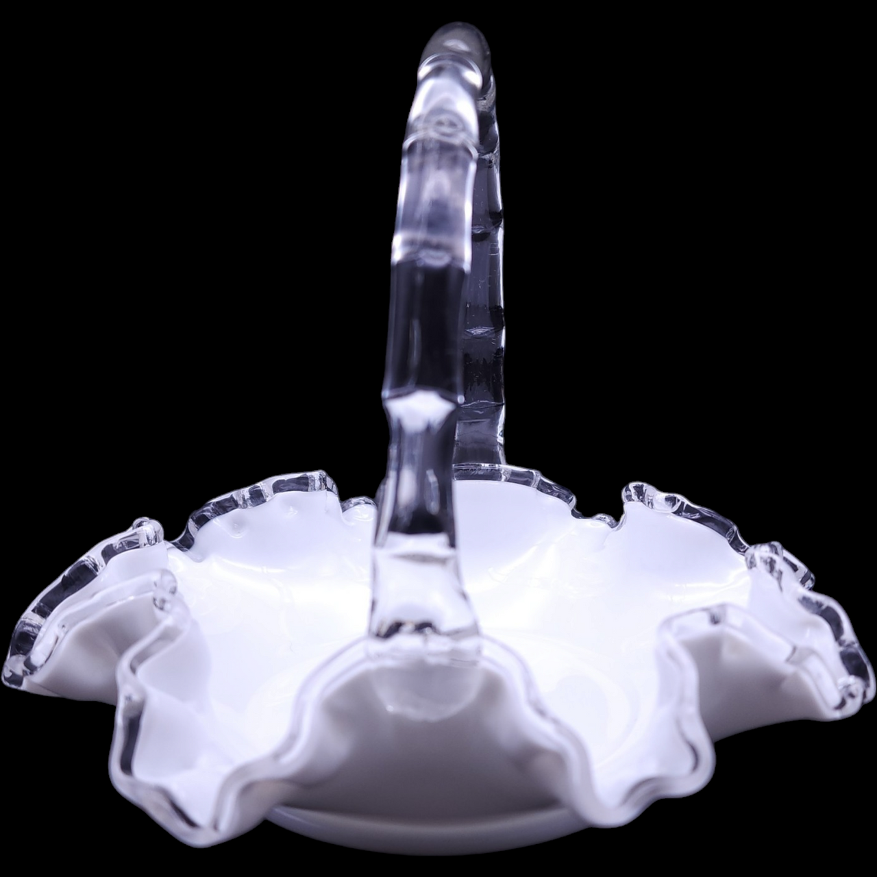 Fenton Silver Crest Clear Crimped On Milk Glass 8" Basket