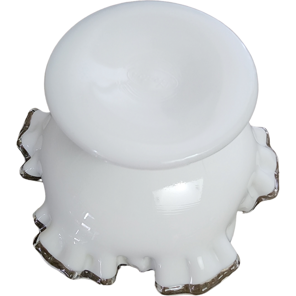 Fenton Silver Crest Clear Crimped On Milk Glass Round Compote Bowl