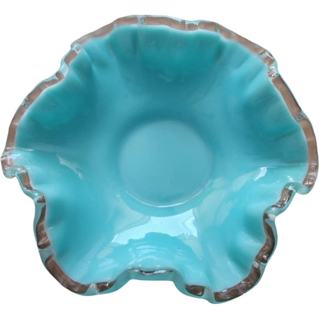 Fenton Silver Turquoise Clear Crimped Edge Double Crimped Bon Bon Dish
