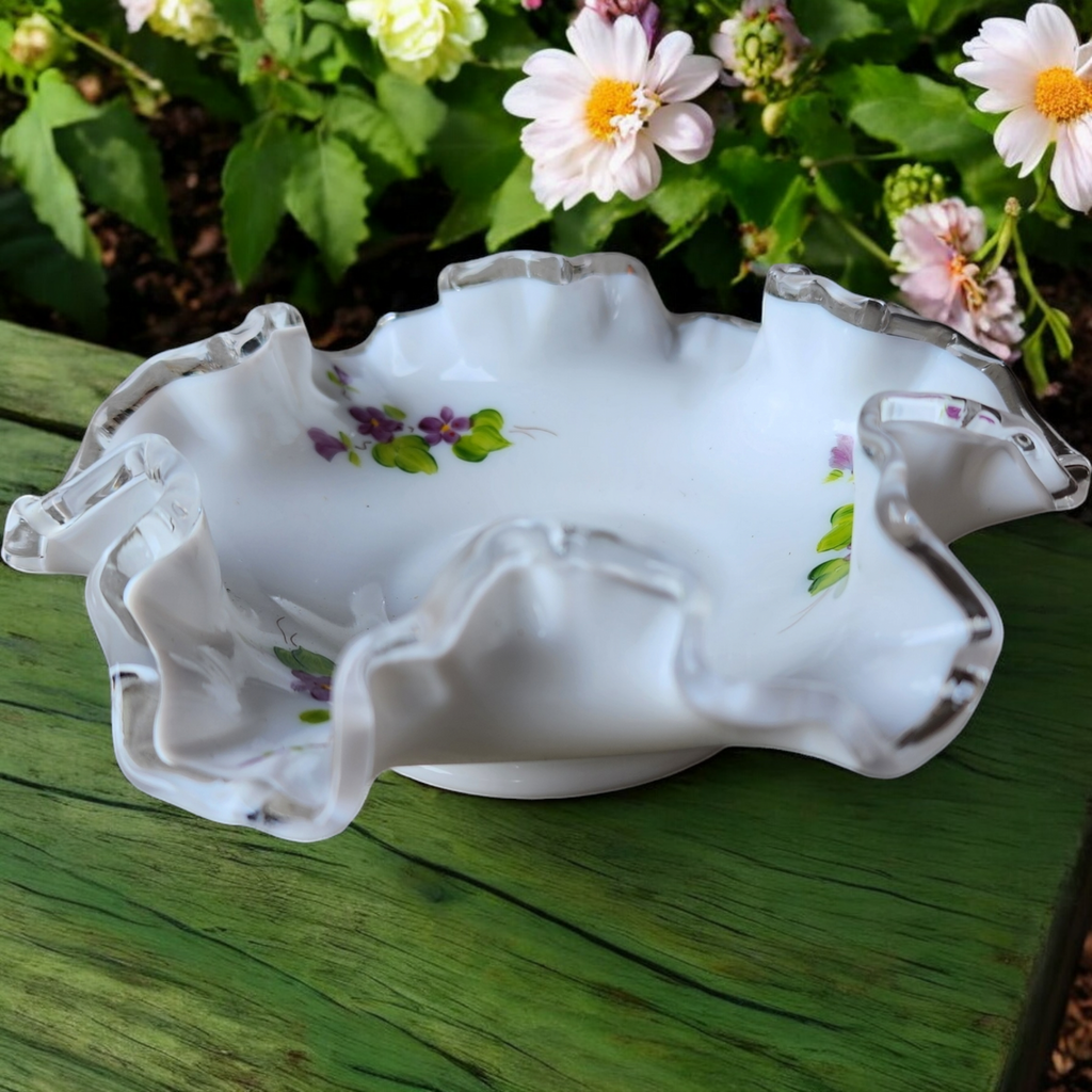 Fenton Violets In The Snow Milkglass Purple Violets Green Leaves Small Double Crimp Bon Bon Dish