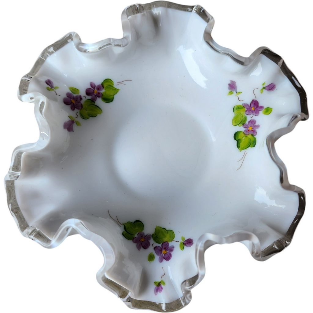 Fenton Violets In The Snow Milkglass Purple Violets Green Leaves Small Double Crimp Bon Bon Dish