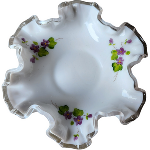 Fenton Violets In The Snow Milkglass Purple Violets Green Leaves Small Double Crimp Bon Bon Dish