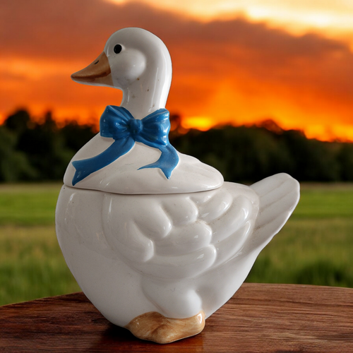 11" Figural White Goose With Blue Ribbon Bow Shaped Cookie Jar & Lid