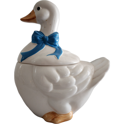 11" Figural White Goose With Blue Ribbon Bow Shaped Cookie Jar & Lid