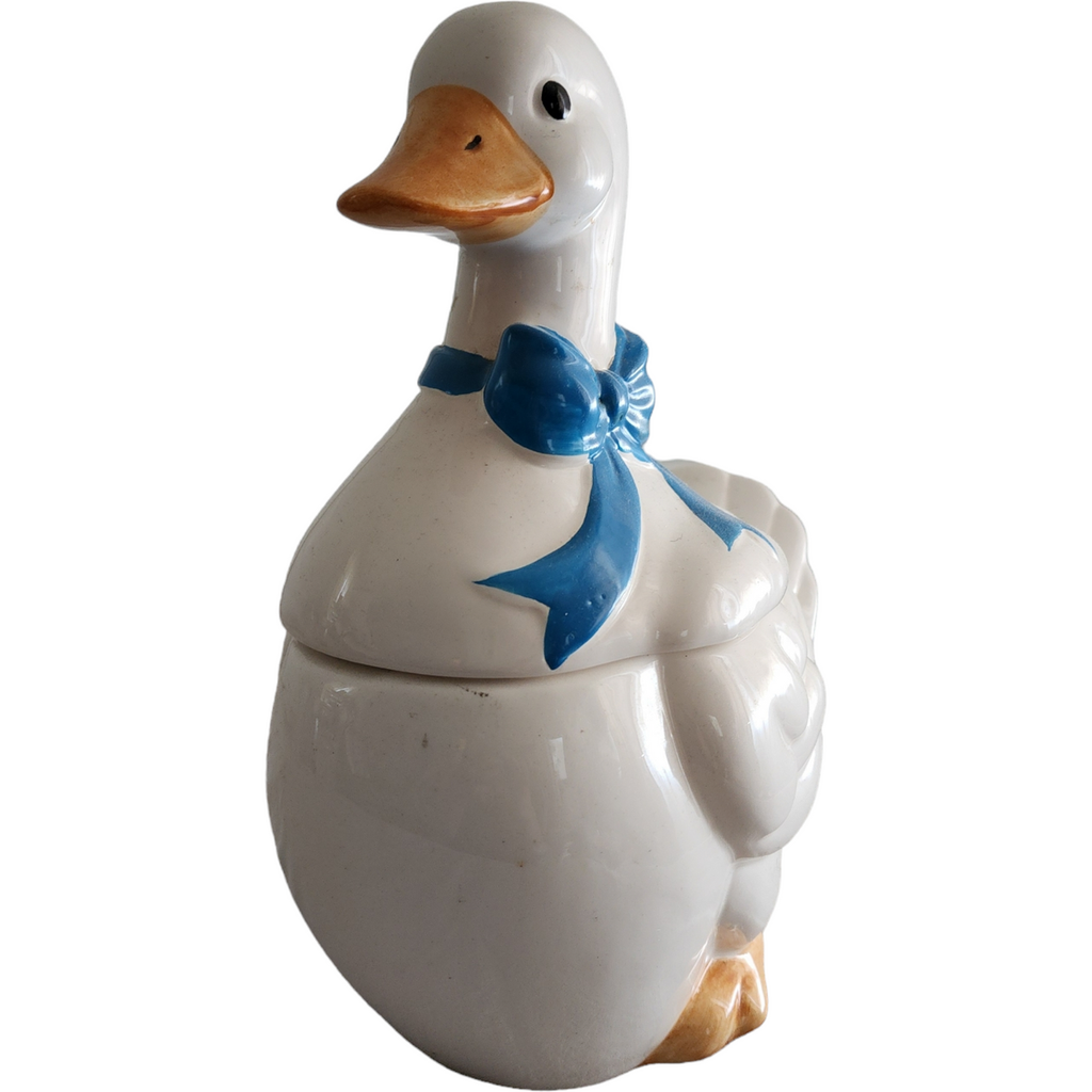 11" Figural White Goose With Blue Ribbon Bow Shaped Cookie Jar & Lid