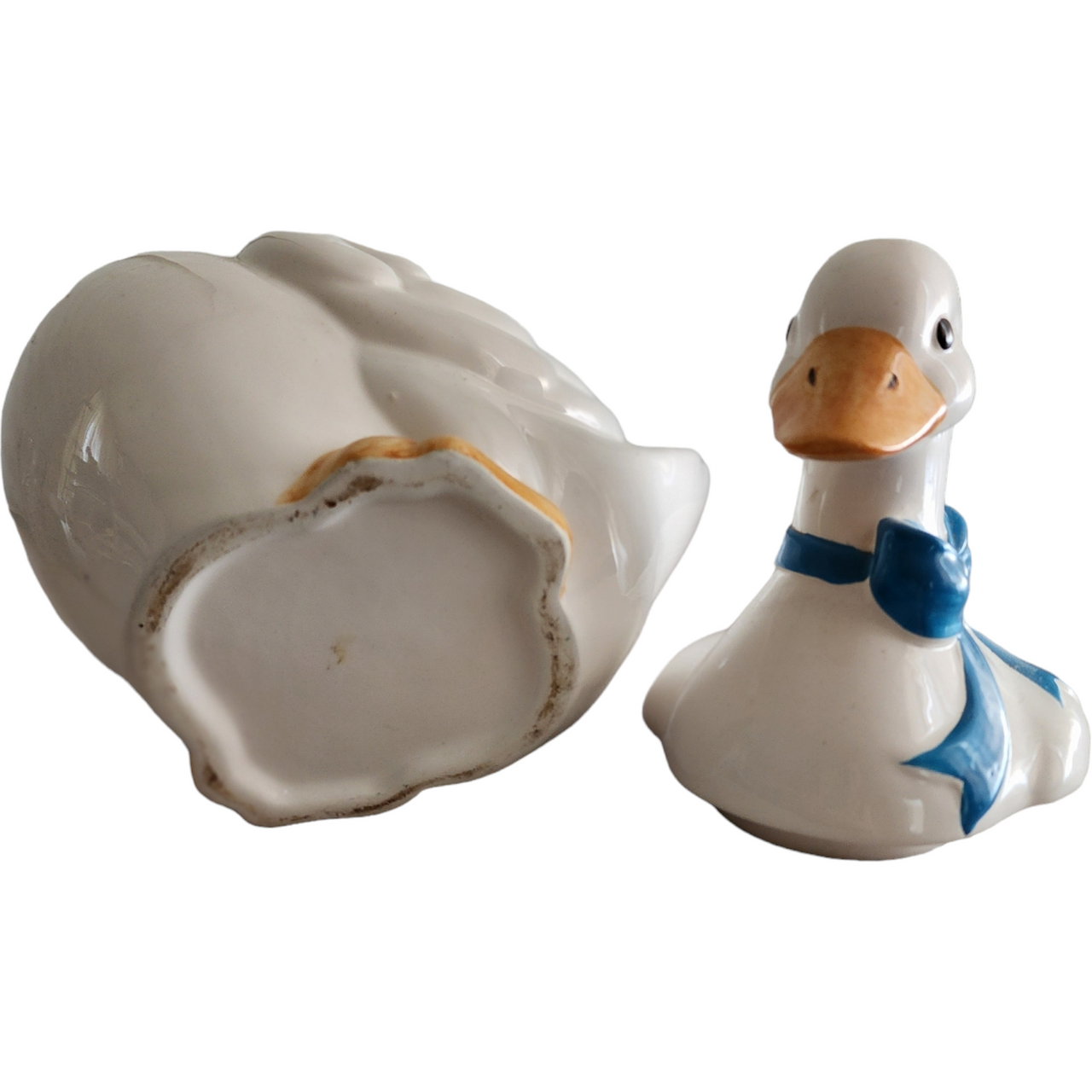 11" Figural White Goose With Blue Ribbon Bow Shaped Cookie Jar & Lid