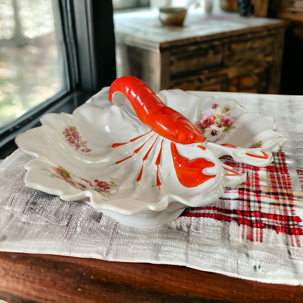 Floral  Double-Sided Porcelain Painted Red lobster Handle Serving Dish Germany
