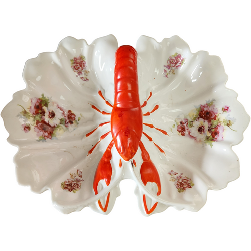 Floral  Double-Sided Porcelain Painted Red lobster Handle Serving Dish Germany