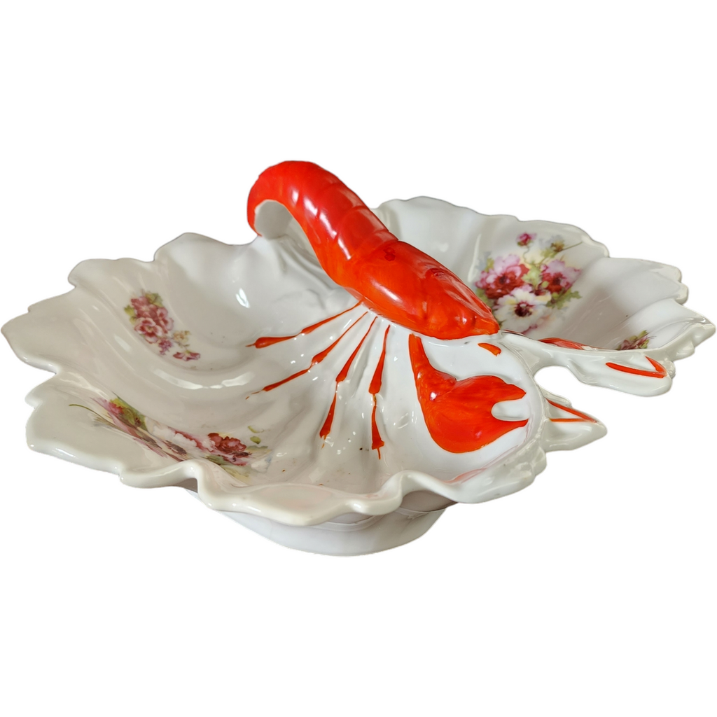 Floral  Double-Sided Porcelain Painted Red lobster Handle Serving Dish Germany