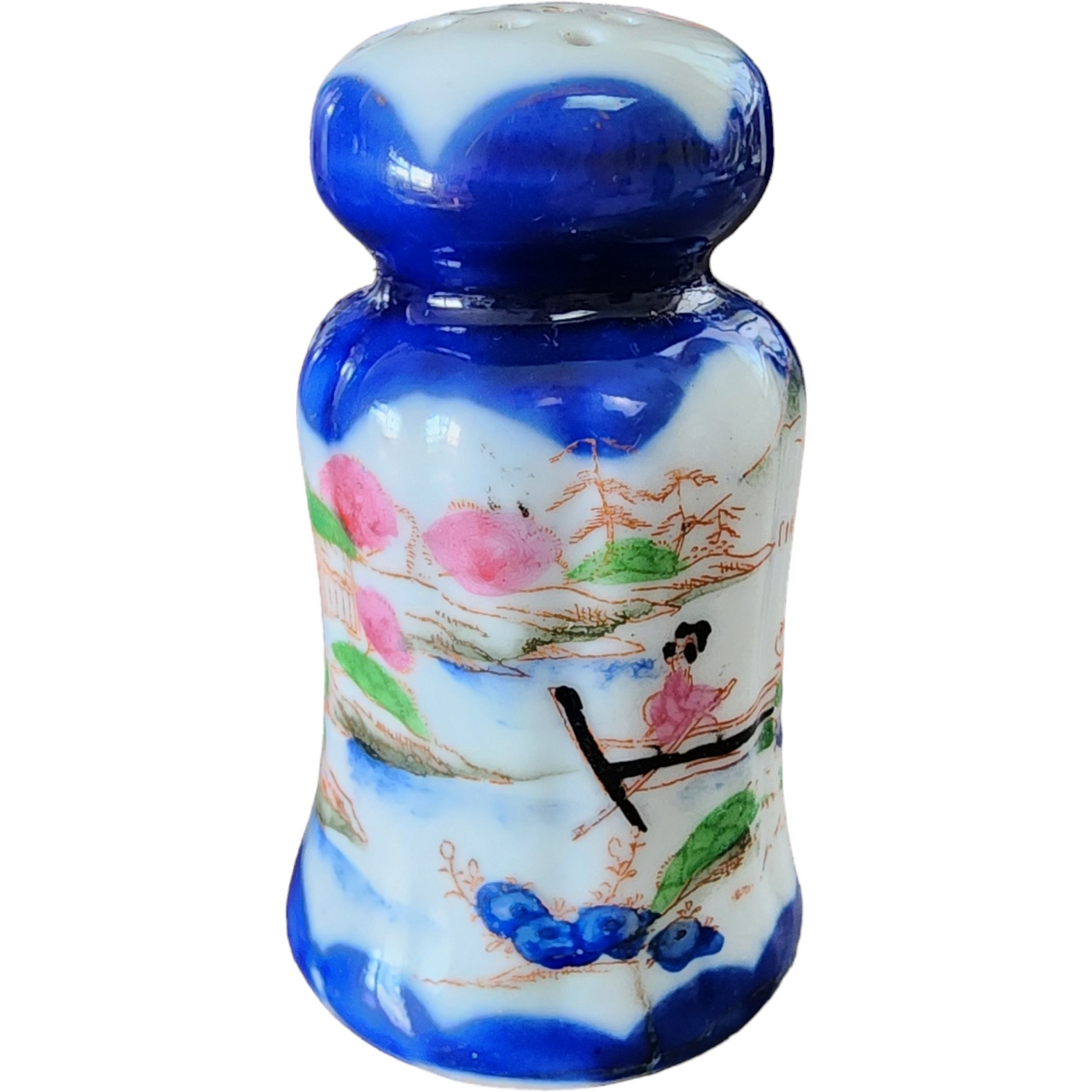 Flow Blue and White Asian Scene  Hand Painted Salt or Pepper Shakers Japan