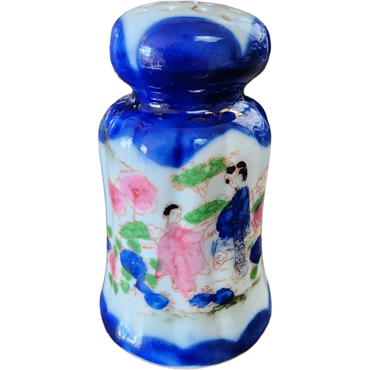 Flow Blue and White Asian Scene  Hand Painted Salt or Pepper Shakers Japan