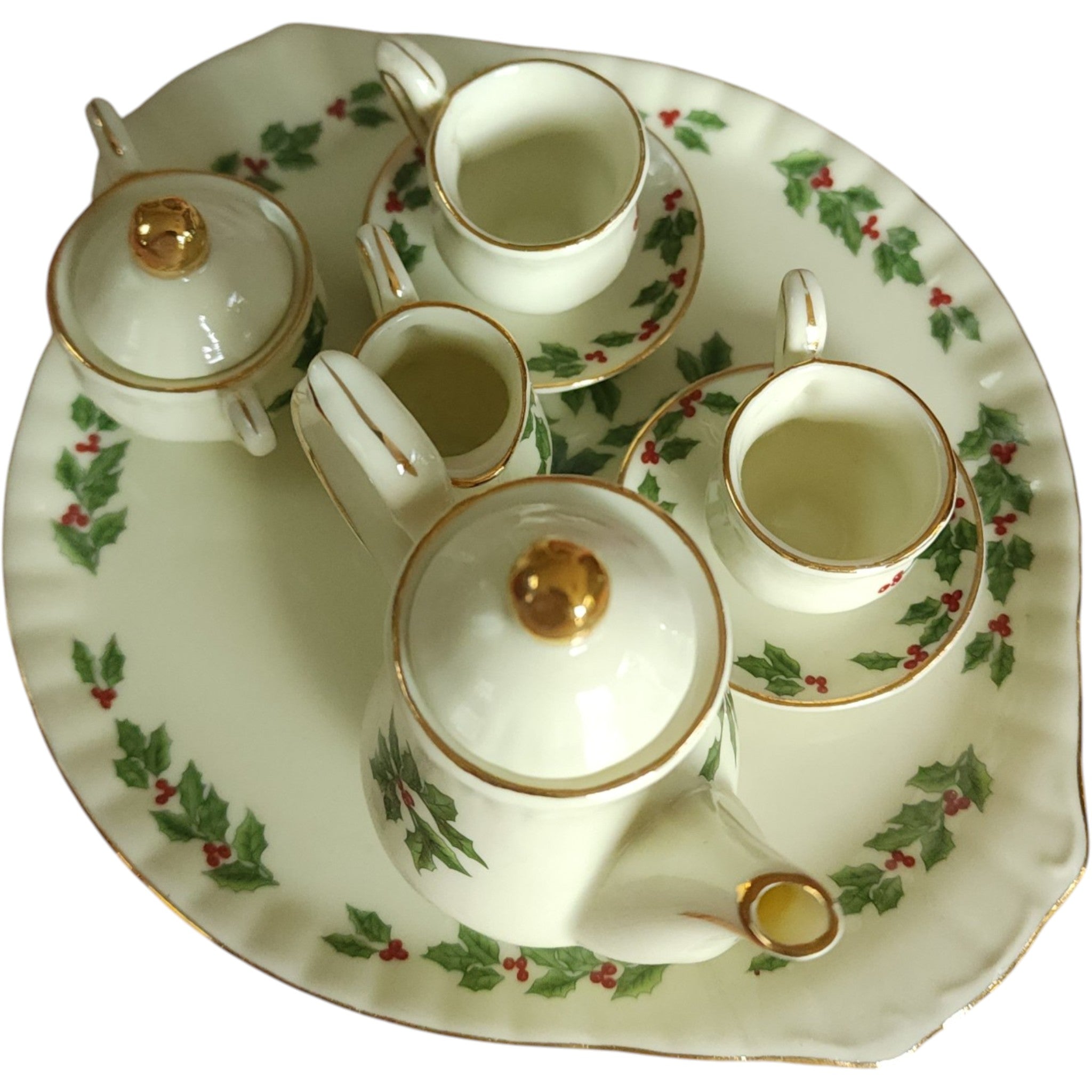 Baum Brothers Formalities Yellow Backgound, Pink Chintz Flowers10 Pc Miniature Tea Set