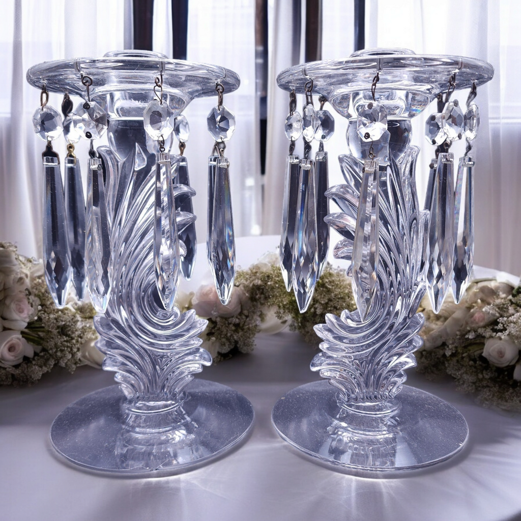 Fostoria 8 Prisms Candlestick with Attached Bobeche Set of Two