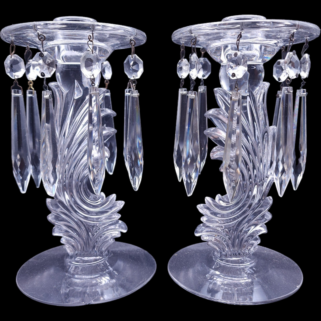 Fostoria 8 Prisms Candlestick with Attached Bobeche Set of Two