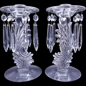 Fostoria 8 Prisms Candlestick with Attached Bobeche Set of Two
