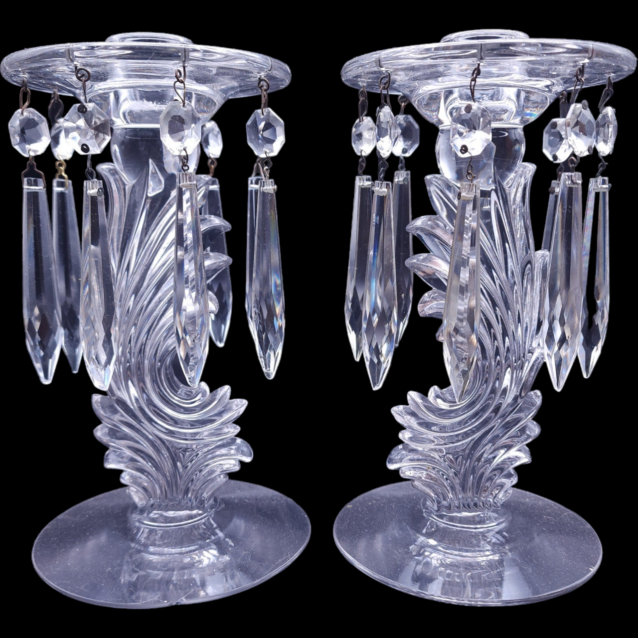 Fostoria 8 Prisms Candlestick with Attached Bobeche Set of Two