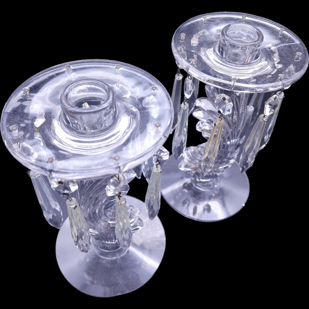 Fostoria 8 Prisms Candlestick with Attached Bobeche Set of Two