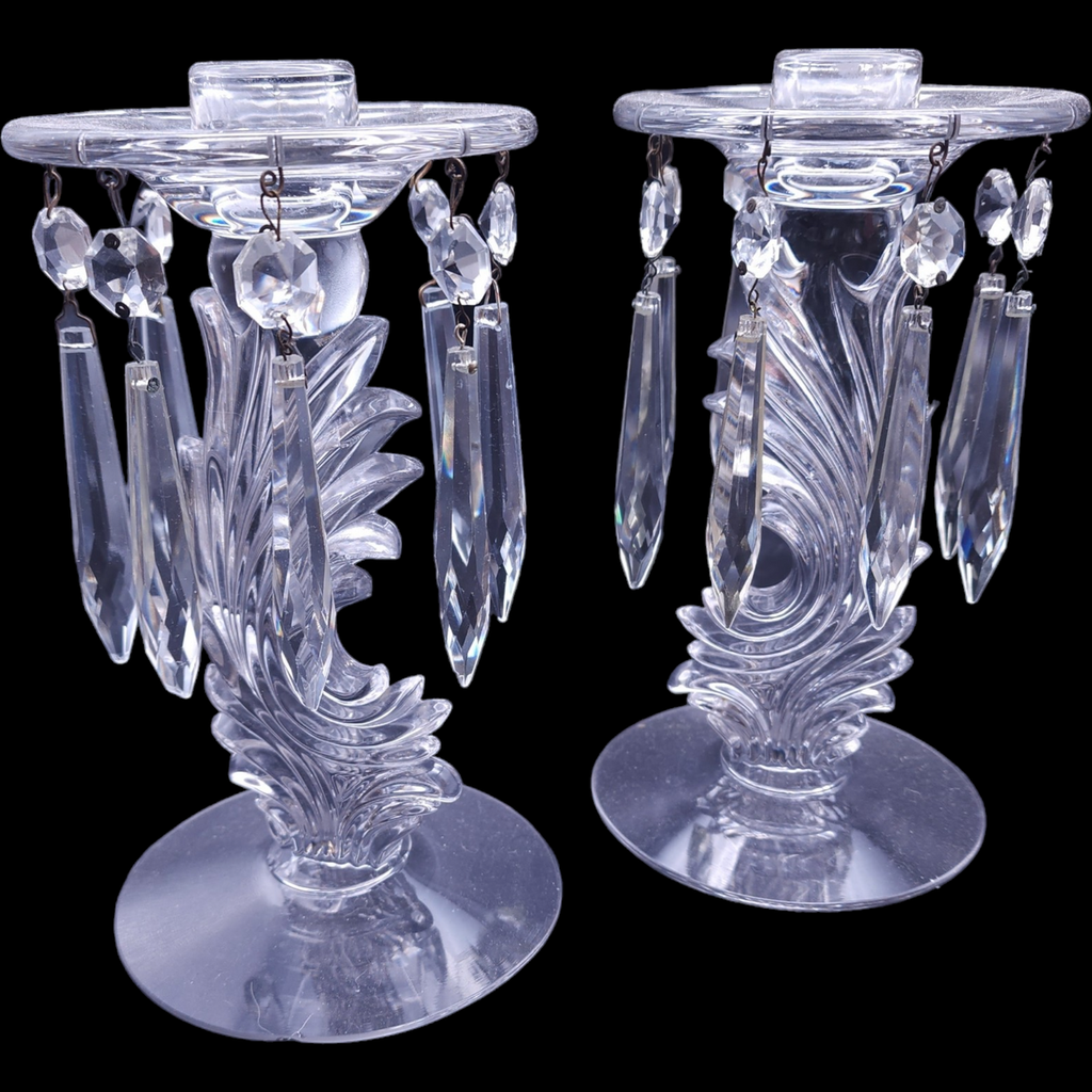 Fostoria 8 Prisms Candlestick with Attached Bobeche Set of Two