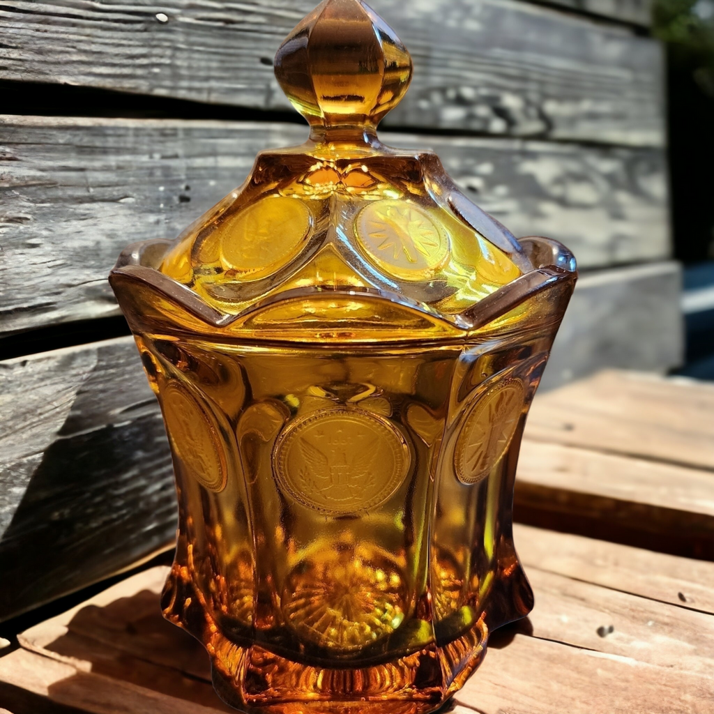Fostoria Coin Glass Amber Candy Dish & Lid