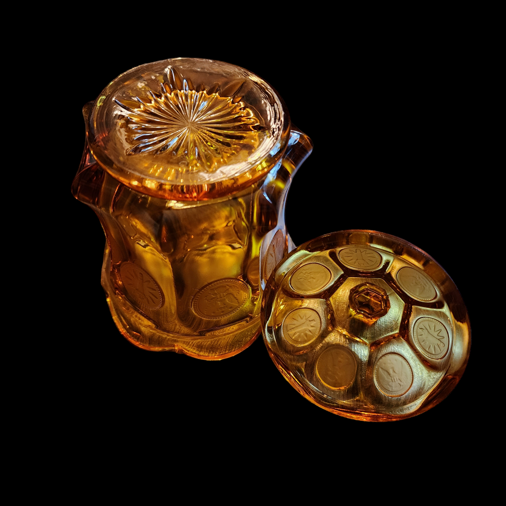 Fostoria Coin Glass Amber Shaker Set with Metal Lids