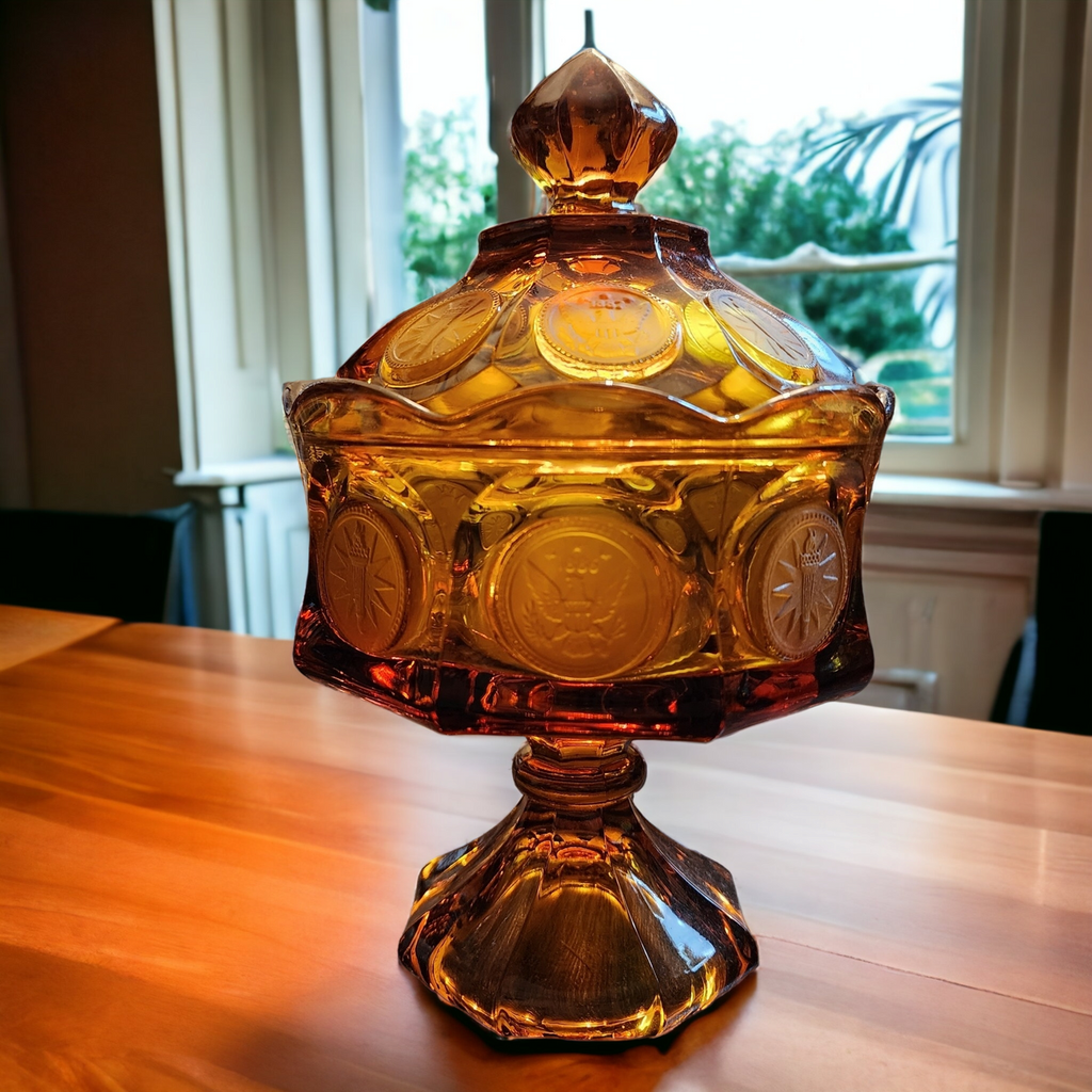 Fostoria Coin Glass Amber Wedding Bowl with Lid