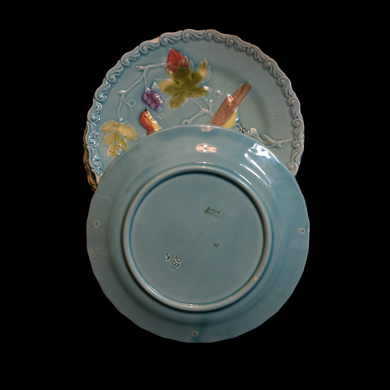 Georg Schmider Embossed Birds & Grapes On Blue, Scalloped Bread & Butter Plate Set of 4