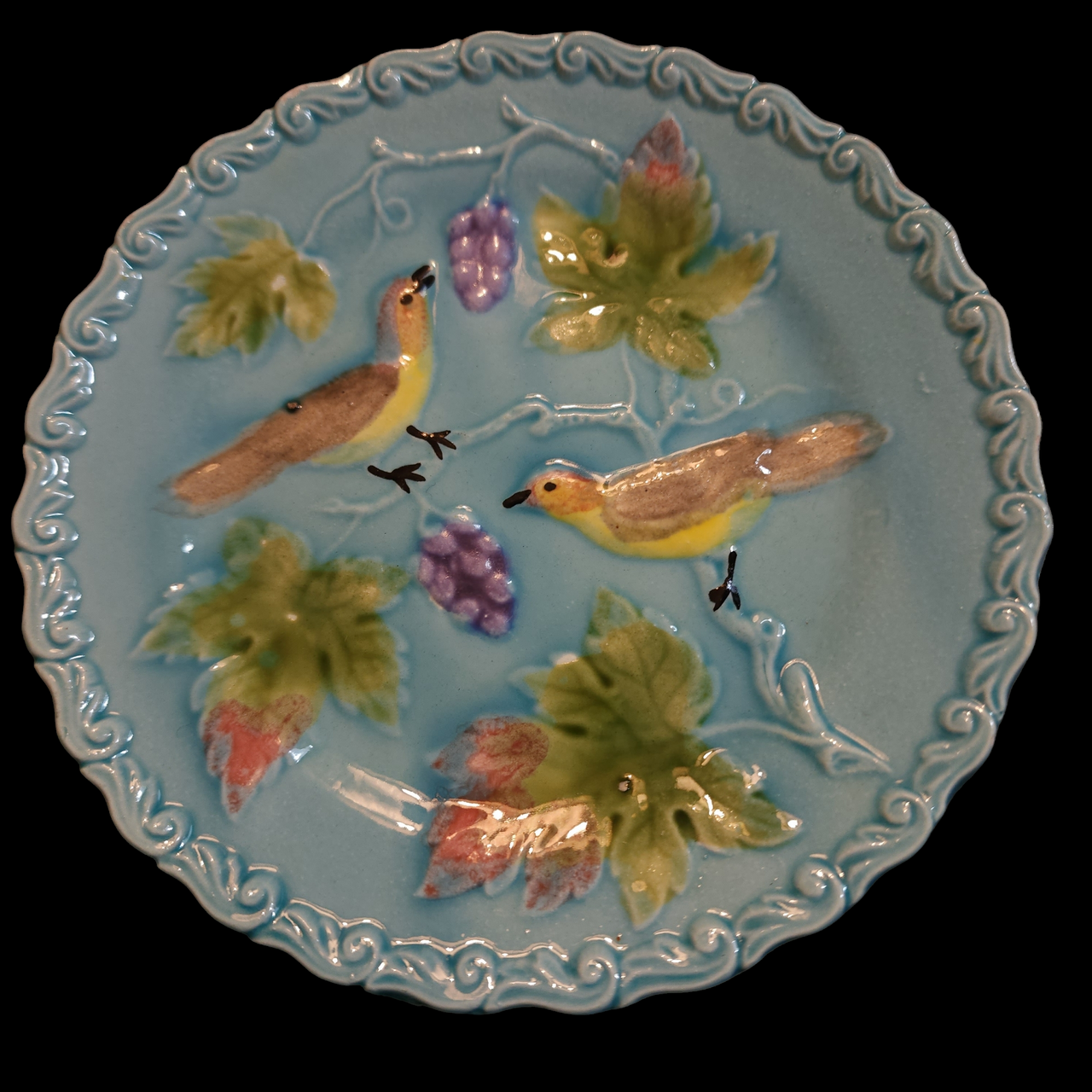 Georg Schmider Embossed Birds & Grapes On Blue, Scalloped Bread & Butter Plate Set of 4