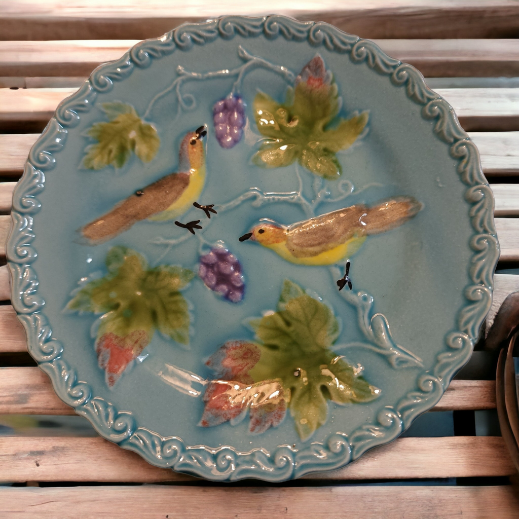 Georg Schmider Embossed Birds & Grapes On Blue, Scalloped Bread & Butter Plate Set of 4
