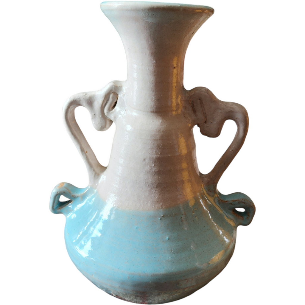 Glazed Stoneware White and Blue Handmade Pottery Vase with Handles