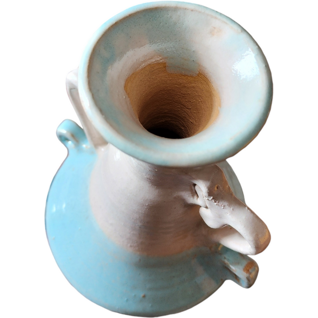 Glazed Stoneware White and Blue Handmade Pottery Vase with Handles