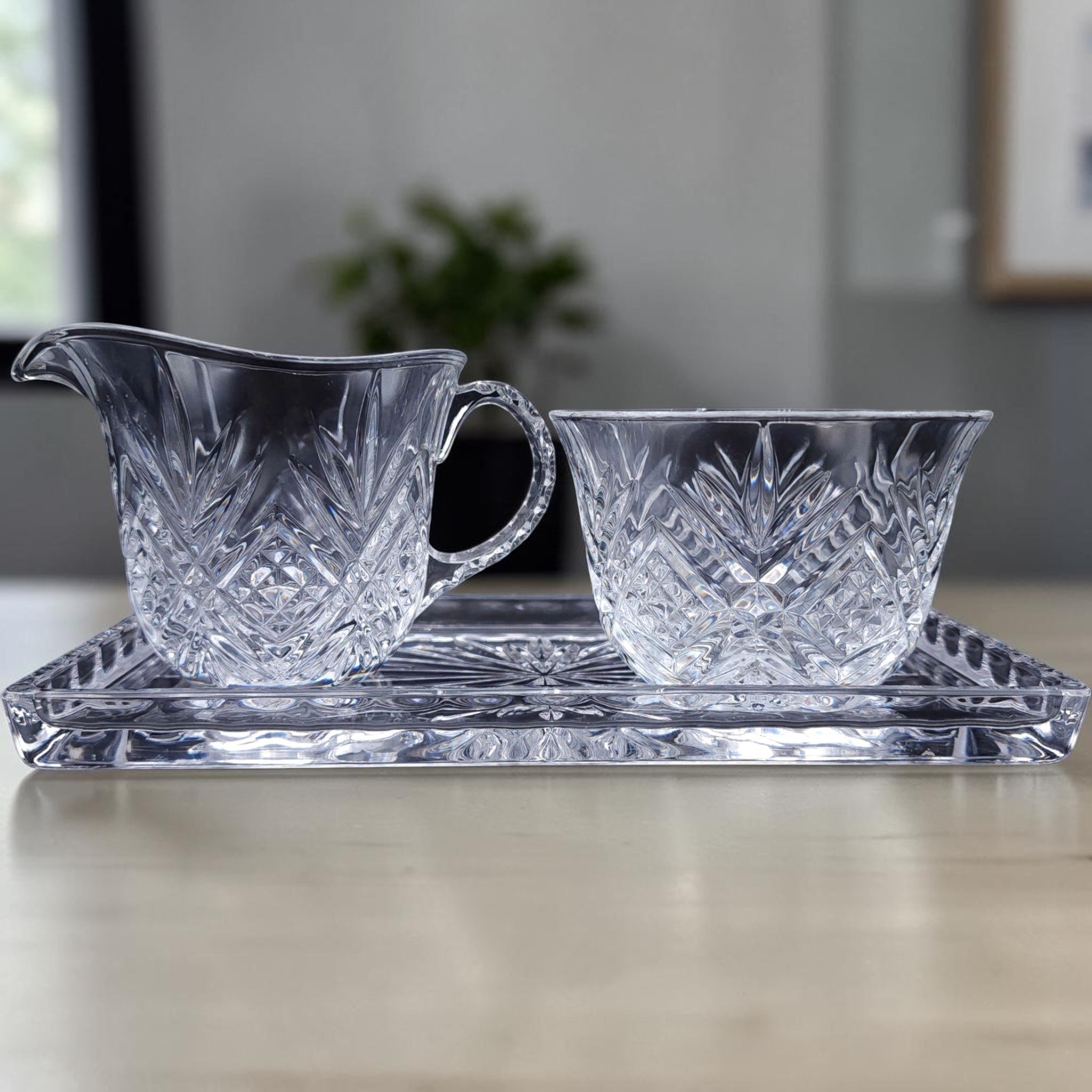 Godinger Dublin Cut Crystal Cream and Sugar Set with Matching Tray